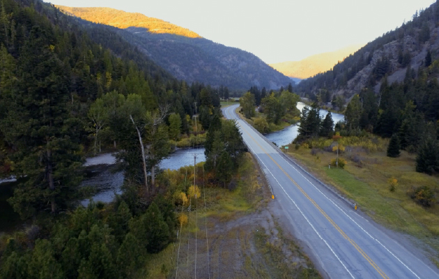Aerial view of a Montana roadway and river valley